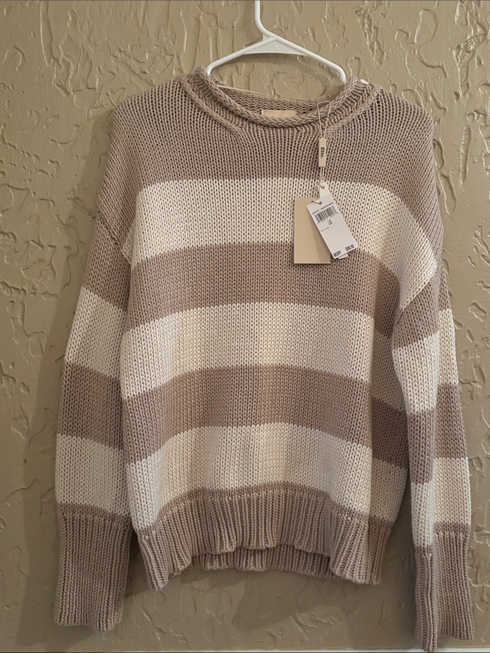 Elie Tahari Cream and Tan Striped Knit Sweater NWT 100% Cotton
